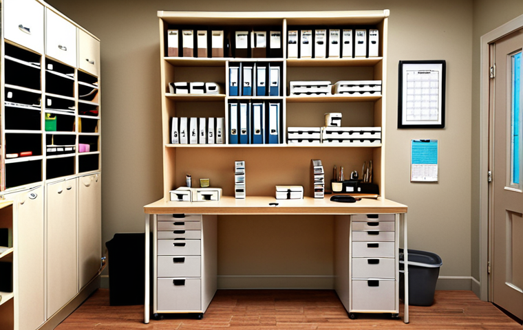 **A well-organized therapy room with labeled drawers and shelves, showcasing a clean and efficient workspace.**