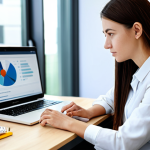 A focused professional occupational therapy trainee, fully clothed in modest business casual attire, sits at a modern desk in a bright, clean office. She is thoughtfully curating her digital portfolio on a laptop, which displays a website builder interface with sections for case studies and achievements. The background features blurred office shelves and a window, suggesting a professional learning environment. The scene emphasizes dedication and professional development. perfect anatomy, correct proportions, natural pose, well-formed hands, proper finger count, natural body proportions, professional photography, high quality, safe for work, appropriate content, fully clothed, modest clothing, family-friendly.