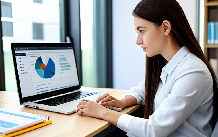 A focused professional occupational therapy trainee, fully clothed in modest business casual attire, sits at a modern desk in a bright, clean office. She is thoughtfully curating her digital portfolio on a laptop, which displays a website builder interface with sections for case studies and achievements. The background features blurred office shelves and a window, suggesting a professional learning environment. The scene emphasizes dedication and professional development. perfect anatomy, correct proportions, natural pose, well-formed hands, proper finger count, natural body proportions, professional photography, high quality, safe for work, appropriate content, fully clothed, modest clothing, family-friendly.