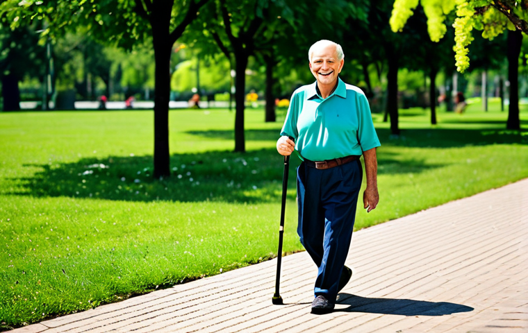 Stroke Survivor**
A senior man, fully clothed in comfortable, modest clothing, smiling confidently while walking with a cane in a bright, sunny park. Lush green trees and flowers are in the background. Focus on his strength and determination. Safe for work, appropriate content, professional. Perfect anatomy, natural pose, well-formed hands, proper finger count, natural body proportions, high quality.
**