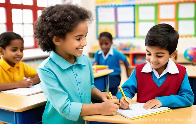 작업치료사의 지역사회 협력 사례 - **Prompt 1: Inclusive Classroom Support for Children**
    "A brightly lit, modern elementary school...