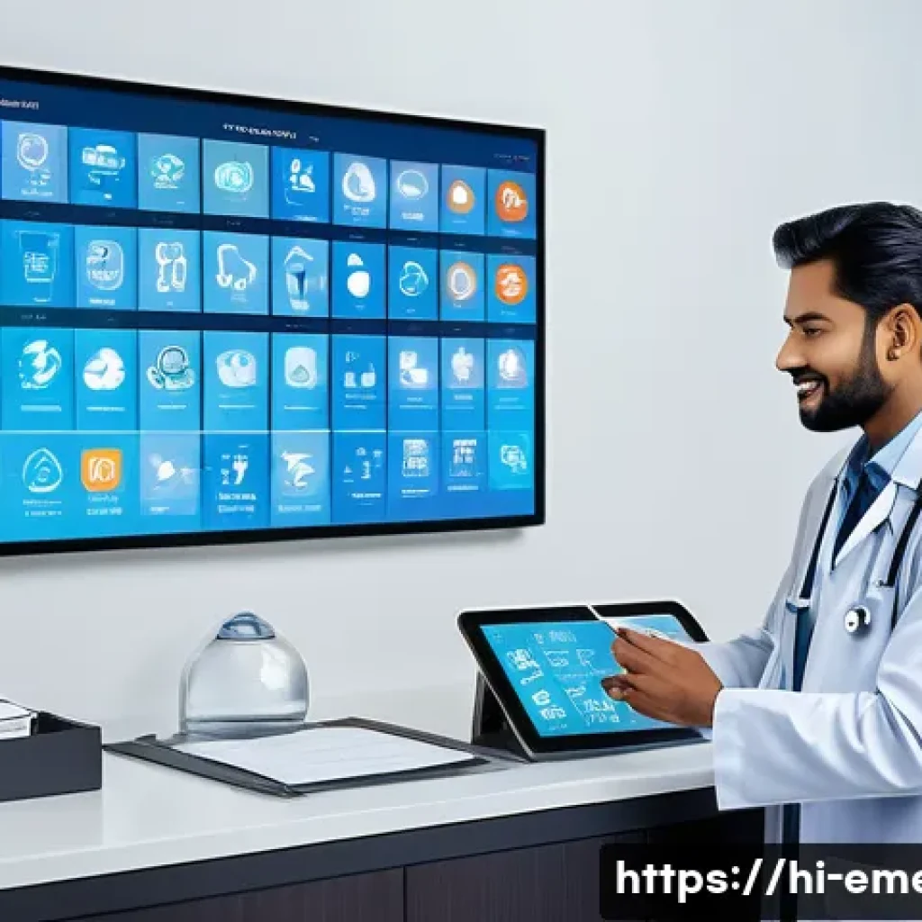 작업치료사의 치료 성과 기록 관리 - A modern Indian medical clinic scene showcasing a doctor and patient interacting with a cloud-based ...