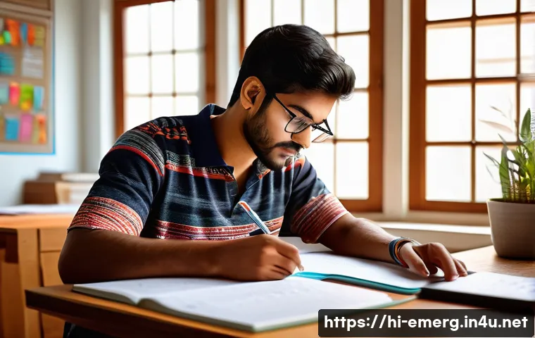 작업치료사 국가고시 준비 가이드 - A focused Indian student in traditional casual clothing, sitting at a wooden desk filled with textbo...