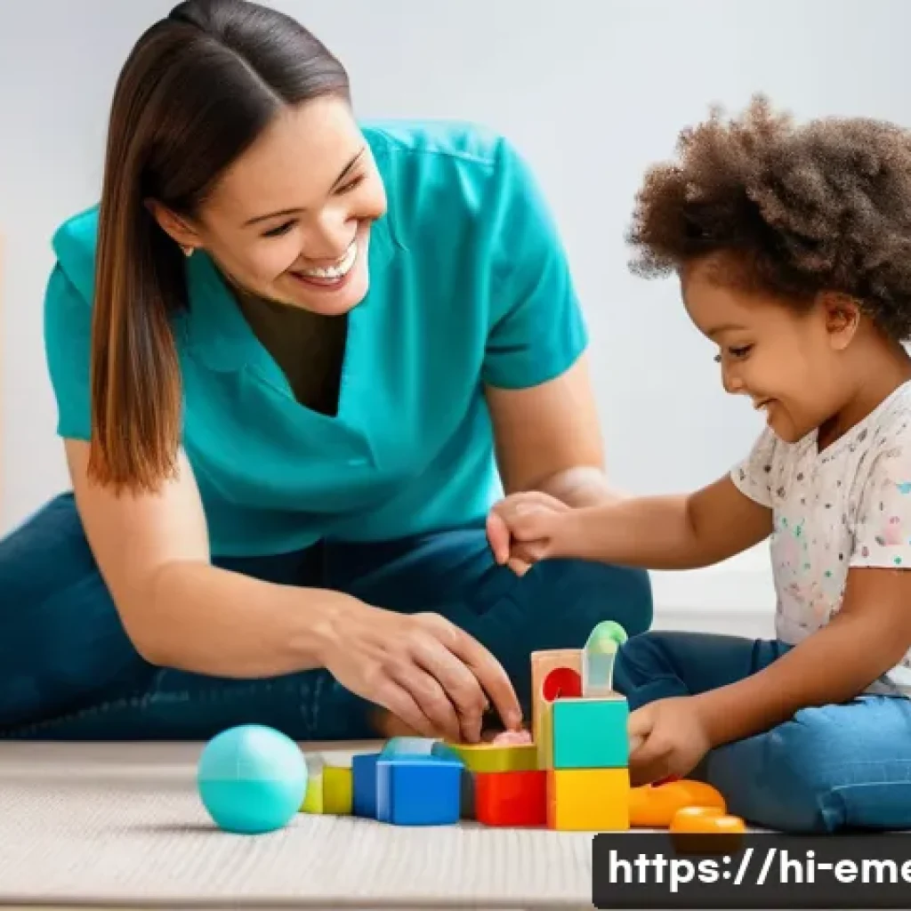 작업치료사의 다양한 직무 사례 - A compassionate occupational therapist working with a young child wearing a diaper, engaged in playf...