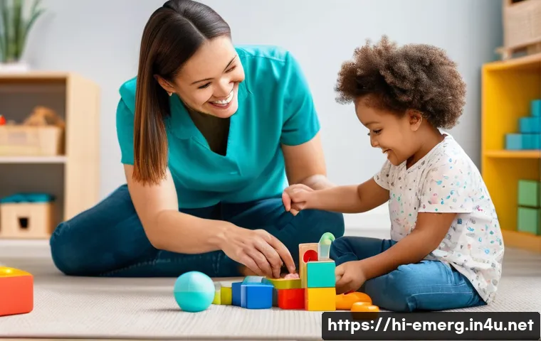 작업치료사의 다양한 직무 사례 - A compassionate occupational therapist working with a young child wearing a diaper, engaged in playf...