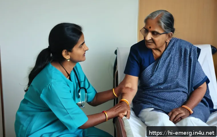 작업치료사의 환자 케이스 스터디 경험 - A compassionate Indian female doctor in a brightly lit hospital room gently holding the hand of an e...