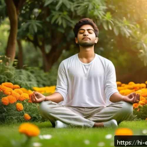 작업치료사와 심리적 접근법 - A serene and calming scene of a young Indian man practicing mindfulness meditation in a peaceful gar...