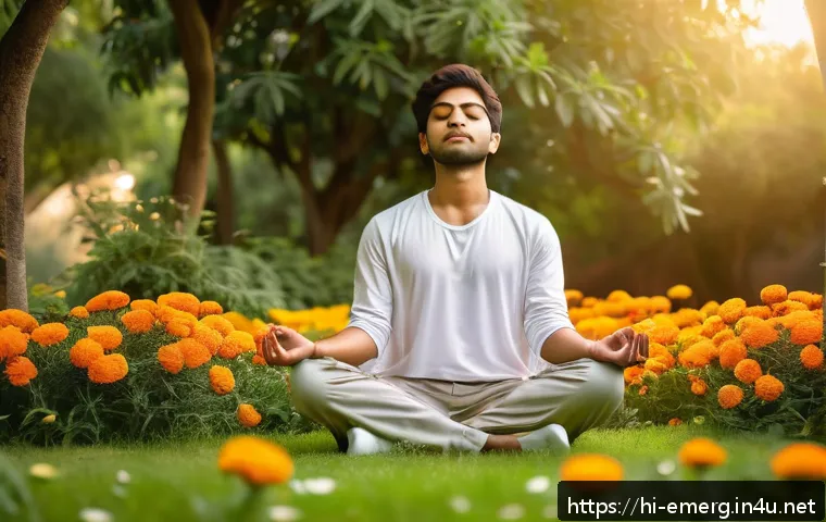 작업치료사와 심리적 접근법 - A serene and calming scene of a young Indian man practicing mindfulness meditation in a peaceful gar...