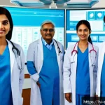 작업치료사의 연봉 수준 분석 - A modern Indian hospital scene showing a diverse group of doctors and healthcare professionals using...