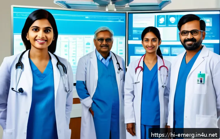 작업치료사의 연봉 수준 분석 - A modern Indian hospital scene showing a diverse group of doctors and healthcare professionals using...